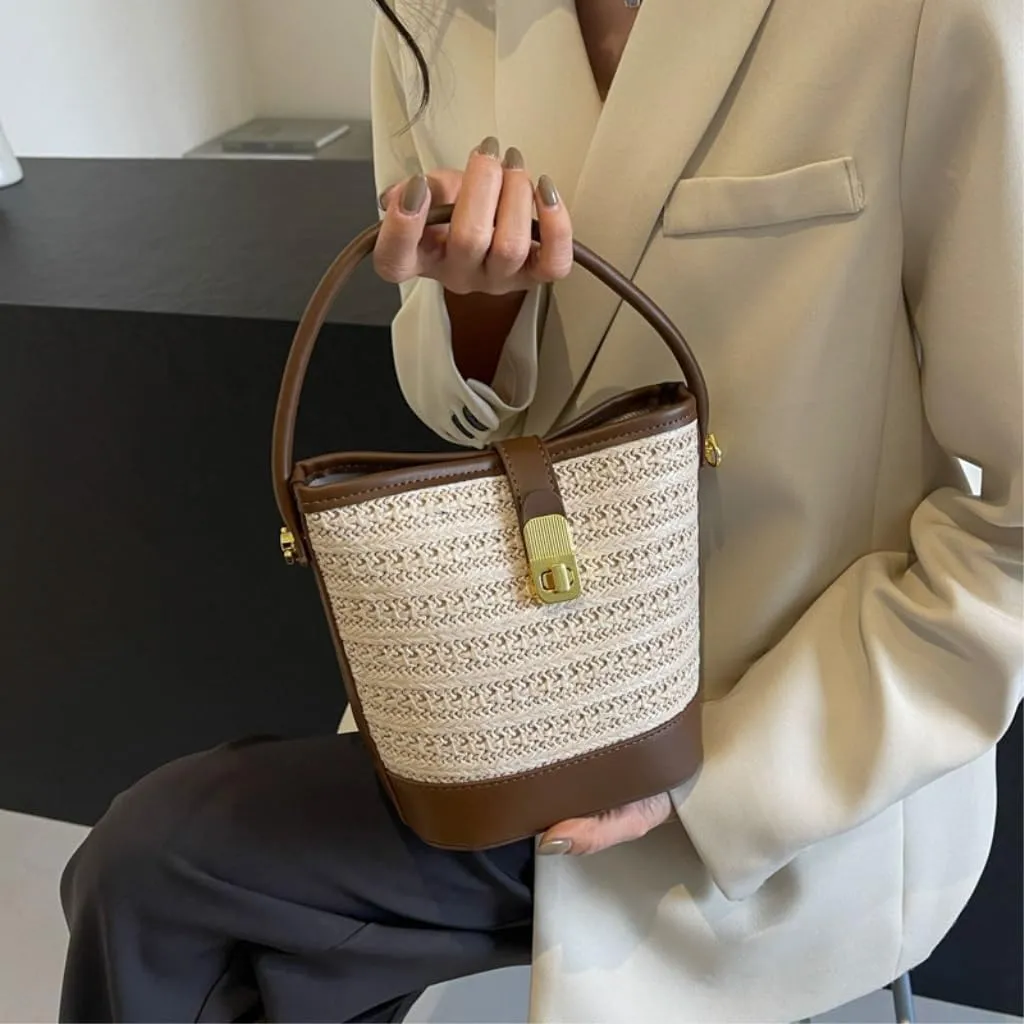 Straw Bag Beach Leisure Straw Handbag Shoulder Bag Retro Bucket Bag Versatile Crossbody Bag Straw Beach Bag