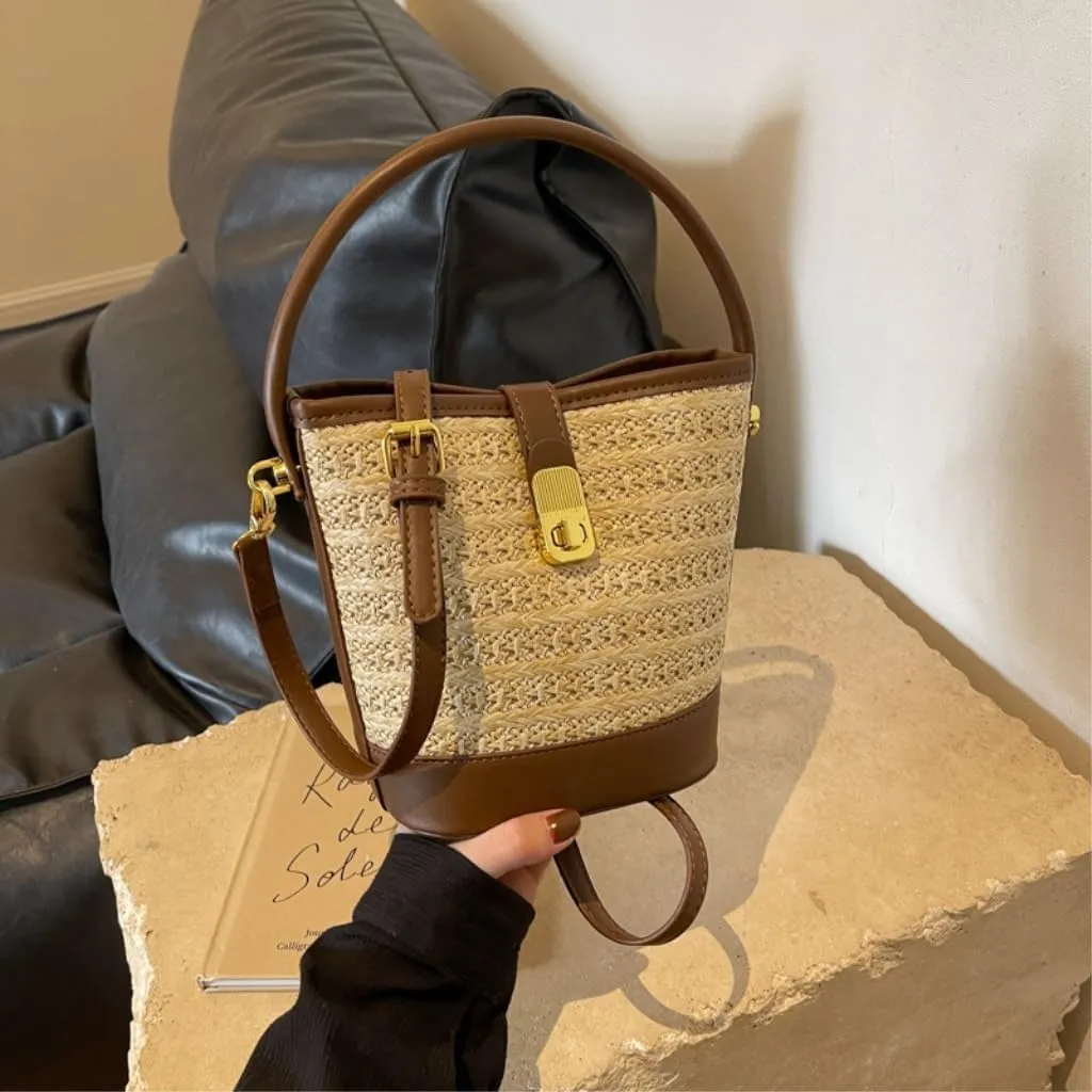 Straw Bag Beach Leisure Straw Handbag Shoulder Bag Retro Bucket Bag Versatile Crossbody Bag Straw Beach Bag
