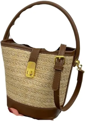 Straw Bag Beach Leisure Straw Handbag Shoulder Bag Retro Bucket Bag Versatile Crossbody Bag Straw Beach Bag
