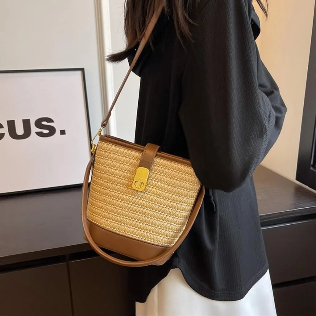 Straw Purse Woven Straw Bag Women 2023 New Shoulder Bag Summer Versatile Portable Bucket Bag Straw Purses