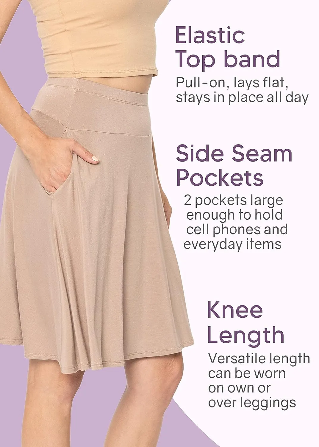 STRETCH IS COMFORT Women's and Plus Knee Length and MIDI A-Line Skirt w/Pockets