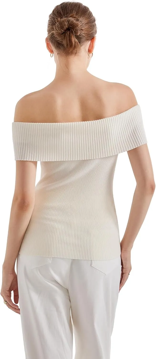 SUUKSESS Women Off Shoulder Going Out Sweaters Tops Short Sleeve Ribbed Knit Summer Sexy Shirts