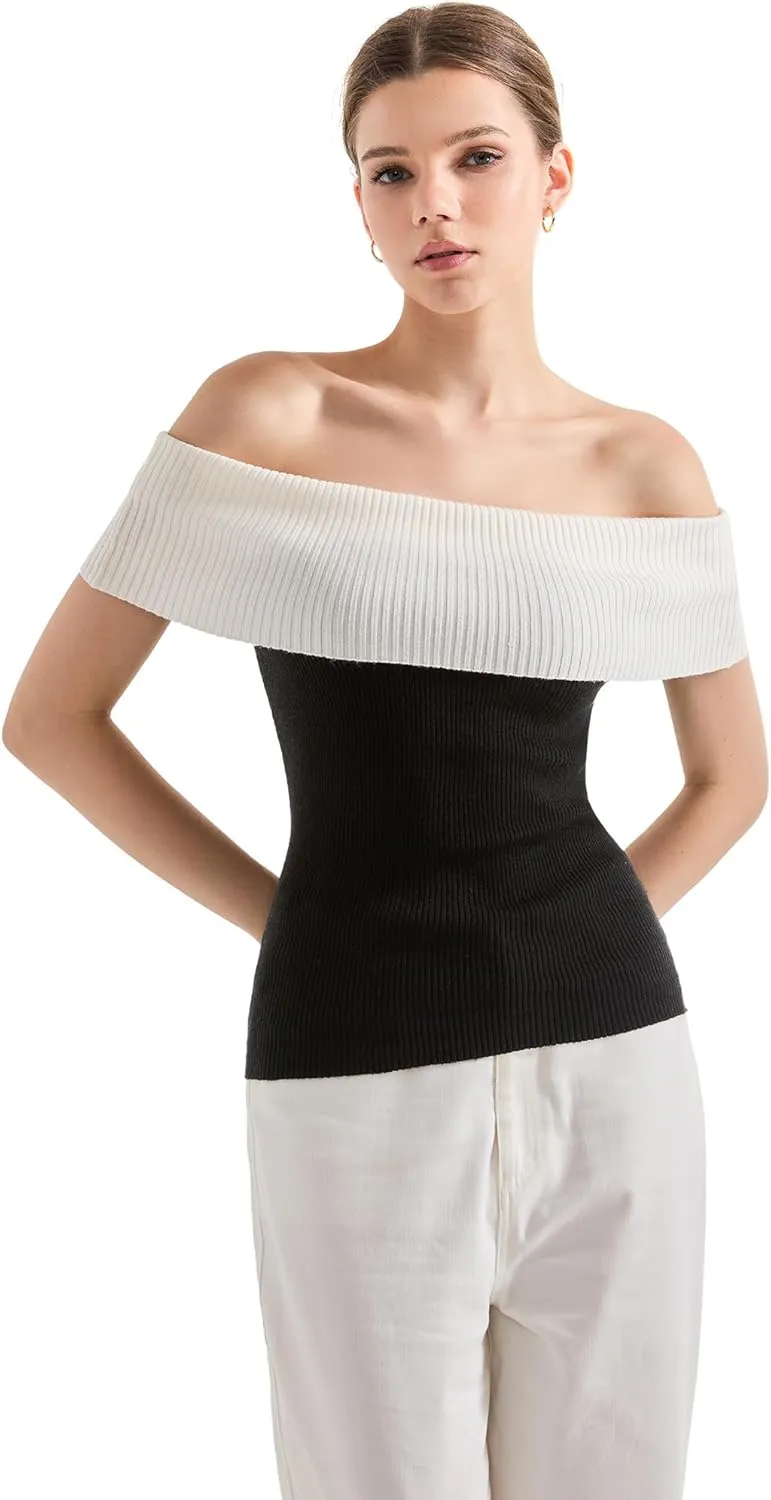 SUUKSESS Women Off Shoulder Going Out Sweaters Tops Short Sleeve Ribbed Knit Summer Sexy Shirts