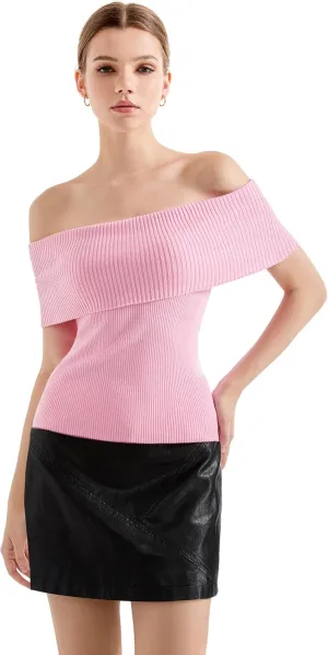 SUUKSESS Women Off Shoulder Going Out Sweaters Tops Short Sleeve Ribbed Knit Summer Sexy Shirts