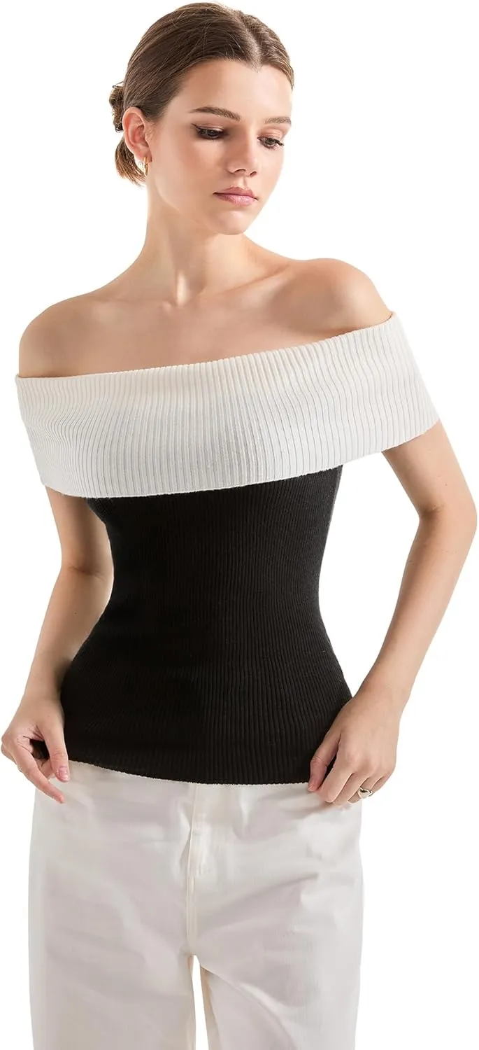 SUUKSESS Women Off Shoulder Going Out Sweaters Tops Short Sleeve Ribbed Knit Summer Sexy Shirts
