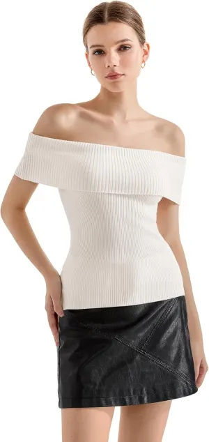 SUUKSESS Women Off Shoulder Going Out Sweaters Tops Short Sleeve Ribbed Knit Summer Sexy Shirts
