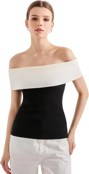 SUUKSESS Women Off Shoulder Going Out Sweaters Tops Short Sleeve Ribbed Knit Summer Sexy Shirts