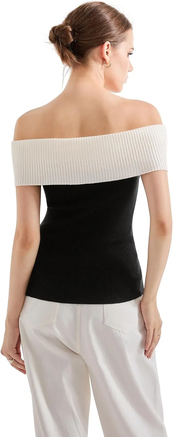 SUUKSESS Women Off Shoulder Going Out Sweaters Tops Short Sleeve Ribbed Knit Summer Sexy Shirts