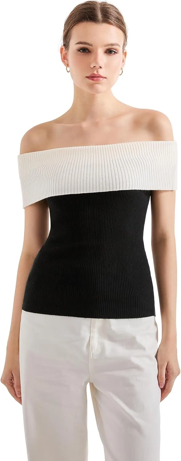SUUKSESS Women Off Shoulder Going Out Sweaters Tops Short Sleeve Ribbed Knit Summer Sexy Shirts