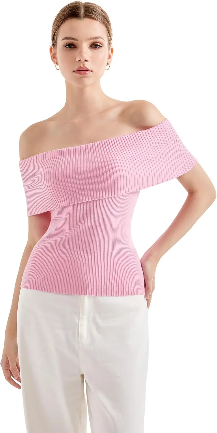 SUUKSESS Women Off Shoulder Going Out Sweaters Tops Short Sleeve Ribbed Knit Summer Sexy Shirts