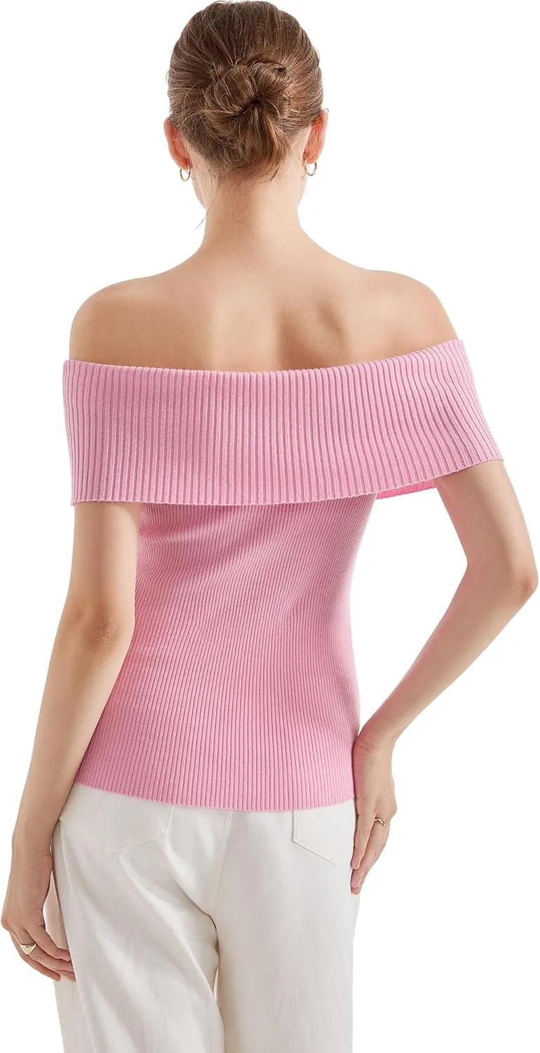 SUUKSESS Women Off Shoulder Going Out Sweaters Tops Short Sleeve Ribbed Knit Summer Sexy Shirts