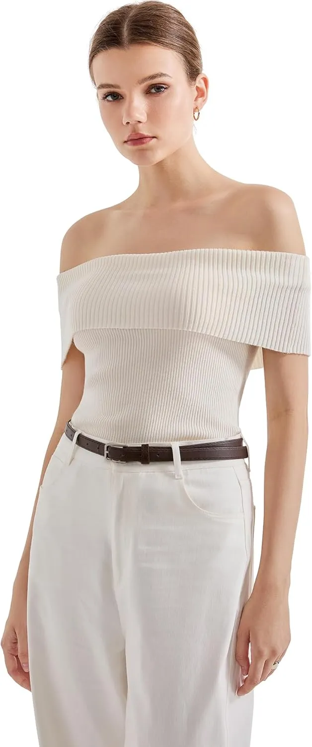 SUUKSESS Women Off Shoulder Going Out Sweaters Tops Short Sleeve Ribbed Knit Summer Sexy Shirts