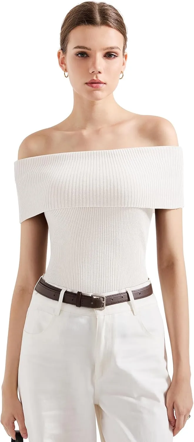 SUUKSESS Women Off Shoulder Going Out Sweaters Tops Short Sleeve Ribbed Knit Summer Sexy Shirts