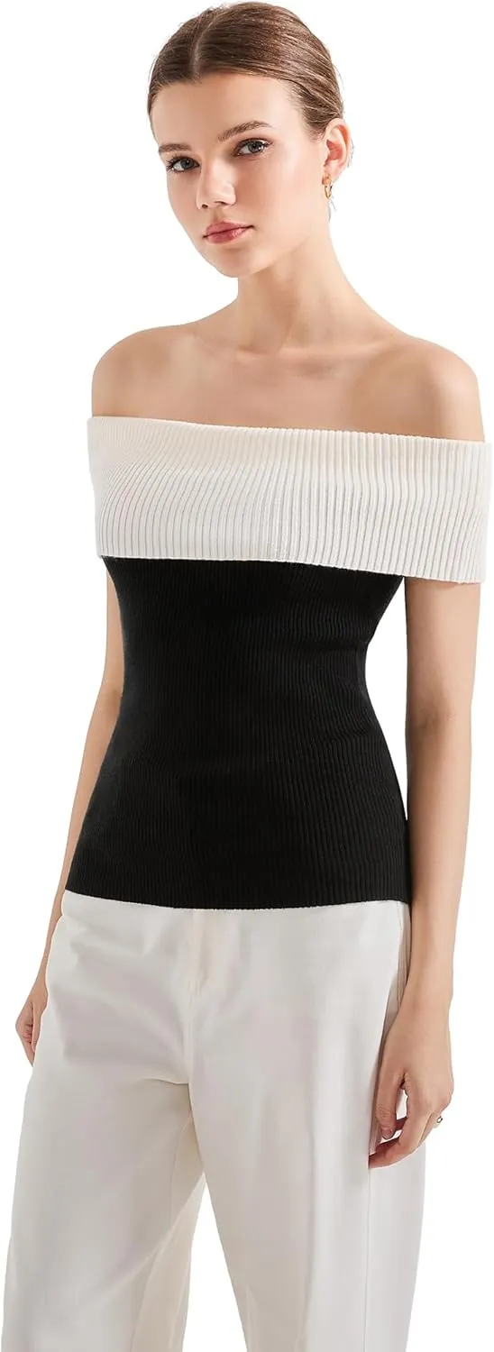 SUUKSESS Women Off Shoulder Going Out Sweaters Tops Short Sleeve Ribbed Knit Summer Sexy Shirts