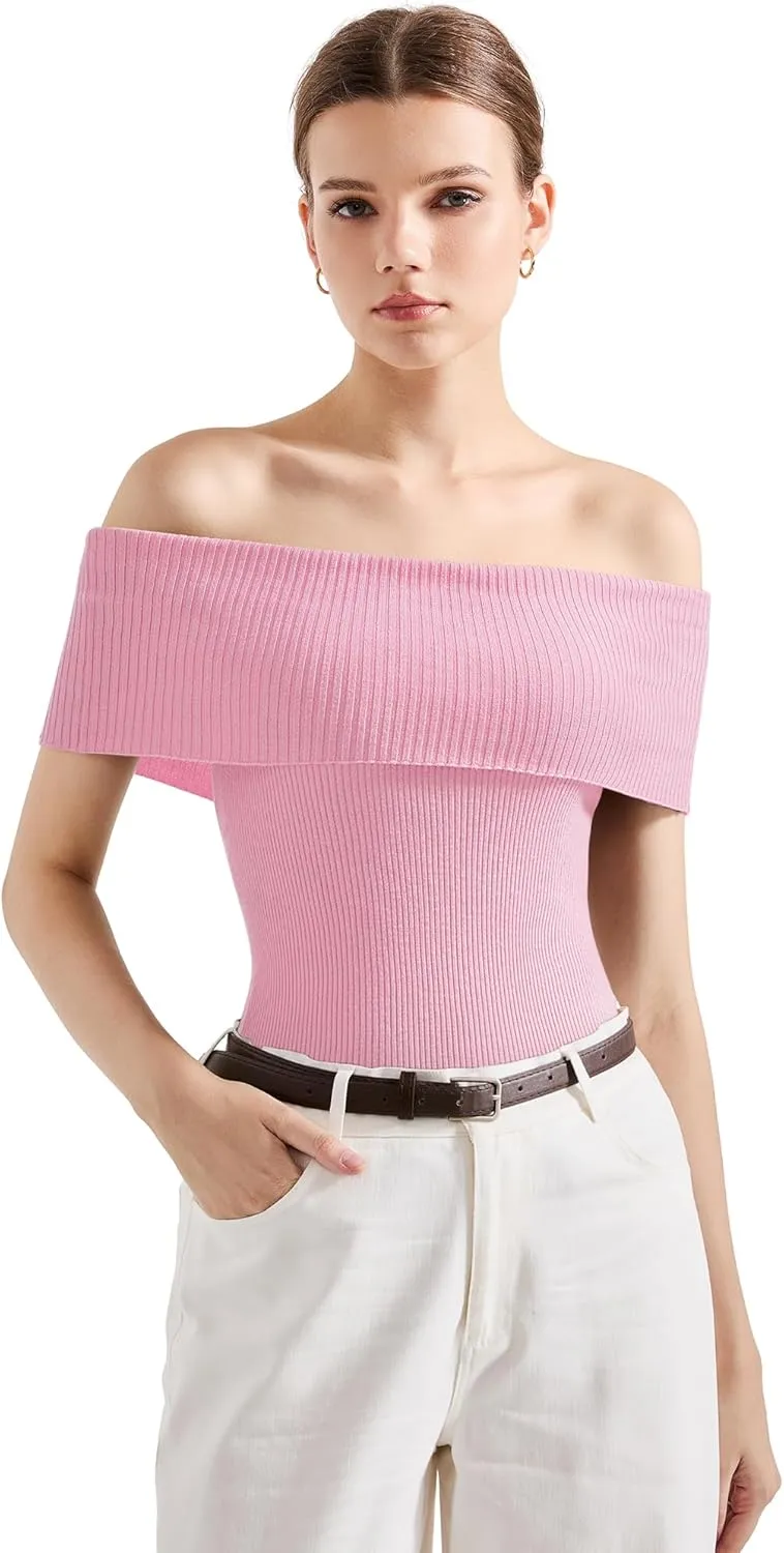 SUUKSESS Women Off Shoulder Going Out Sweaters Tops Short Sleeve Ribbed Knit Summer Sexy Shirts