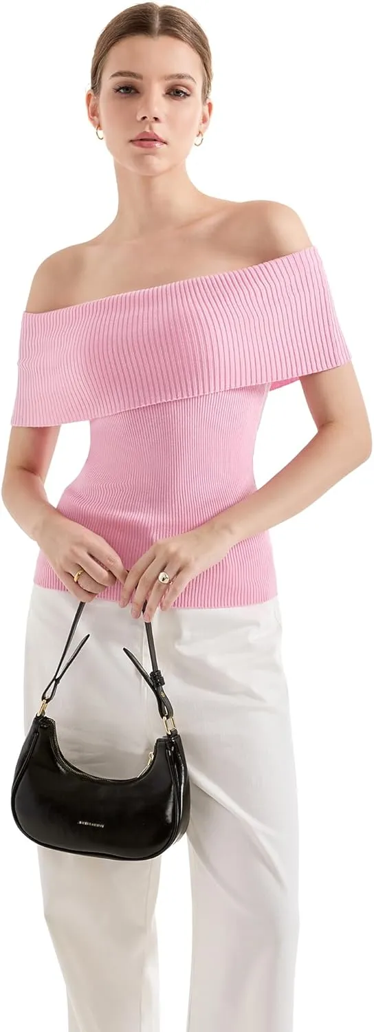 SUUKSESS Women Off Shoulder Going Out Sweaters Tops Short Sleeve Ribbed Knit Summer Sexy Shirts