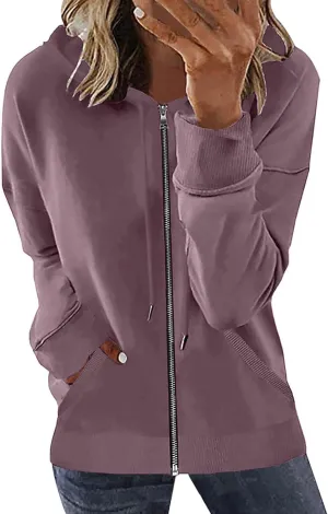 Sweatshirt for Women Fall Jacket Oversized Casual Zip Up Drawstring Hoodie w Pockets Long Sleeve Solid Outerwear Tops