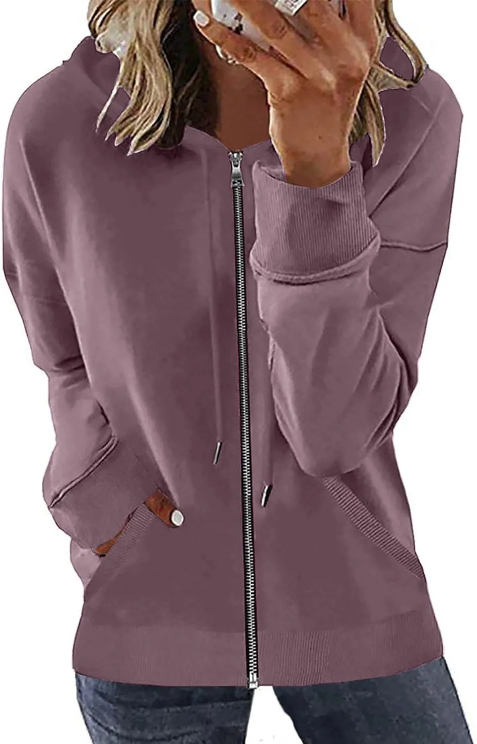 Sweatshirt for Women Fall Jacket Oversized Casual Zip Up Drawstring Hoodie w Pockets Long Sleeve Solid Outerwear Tops