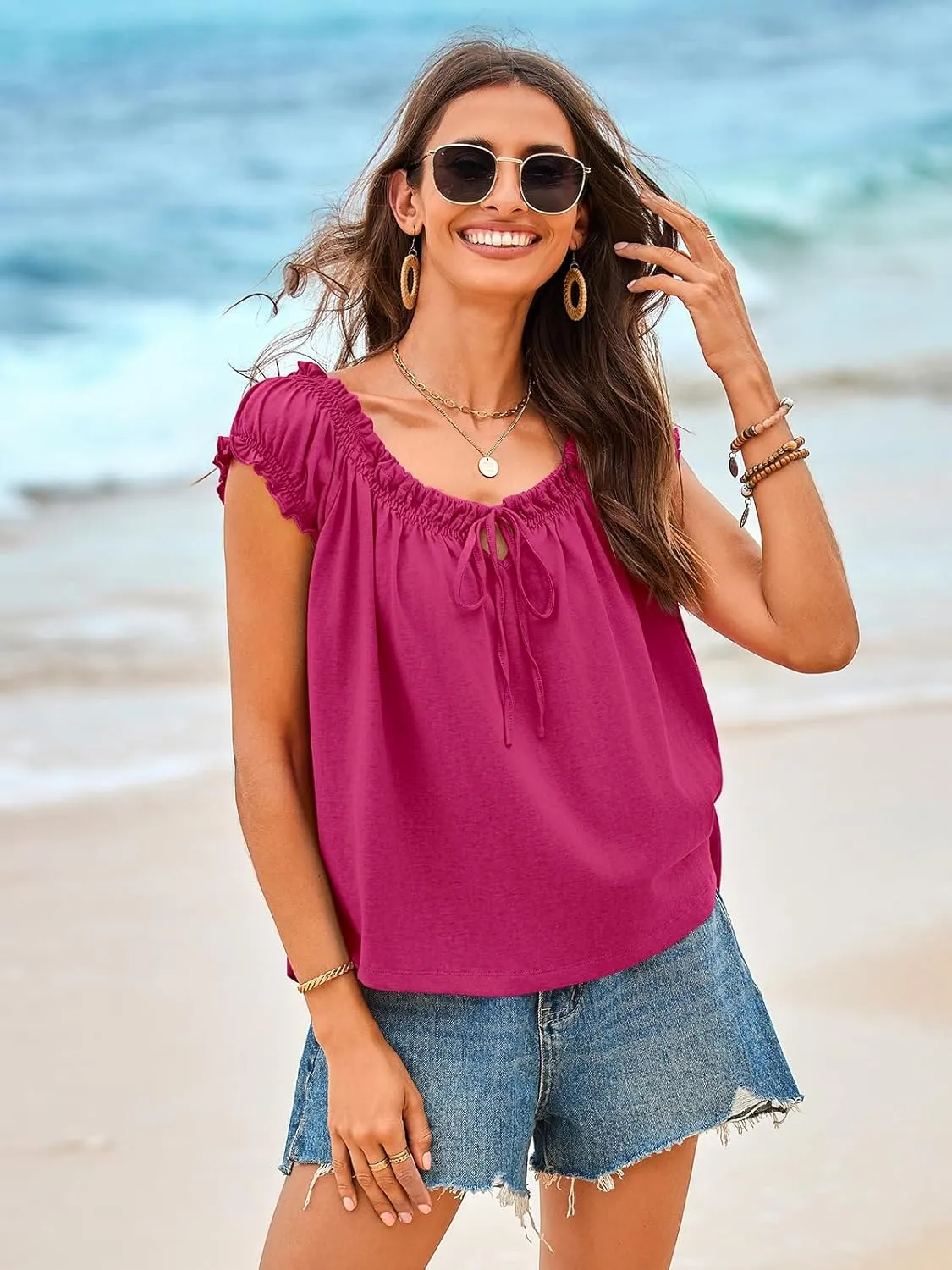 Tankaneo Women Summer Tie Front Tank Tops Cap Sleeve Pleated Babydoll Tops Casual Loose Fit Going Out Flowy Shirt