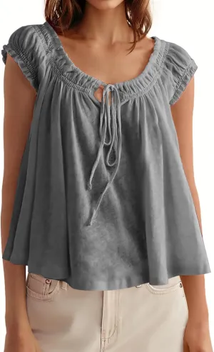 Tankaneo Women Summer Tie Front Tank Tops Cap Sleeve Pleated Babydoll Tops Casual Loose Fit Going Out Flowy Shirt