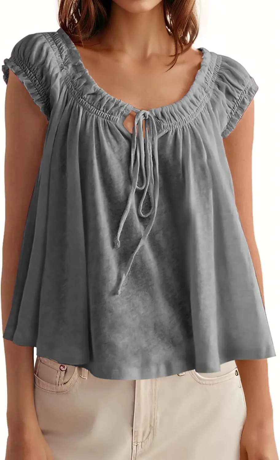 Tankaneo Women Summer Tie Front Tank Tops Cap Sleeve Pleated Babydoll Tops Casual Loose Fit Going Out Flowy Shirt