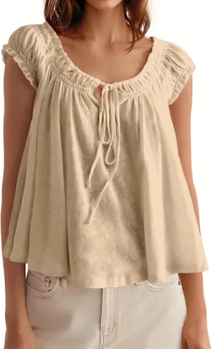 Tankaneo Women Summer Tie Front Tank Tops Cap Sleeve Pleated Babydoll Tops Casual Loose Fit Going Out Flowy Shirt