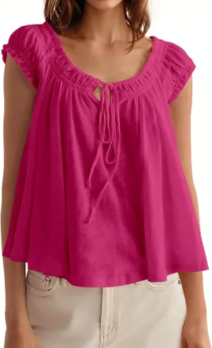 Tankaneo Women Summer Tie Front Tank Tops Cap Sleeve Pleated Babydoll Tops Casual Loose Fit Going Out Flowy Shirt