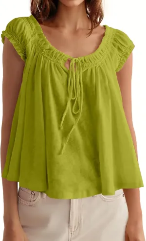 Tankaneo Women Summer Tie Front Tank Tops Cap Sleeve Pleated Babydoll Tops Casual Loose Fit Going Out Flowy Shirt