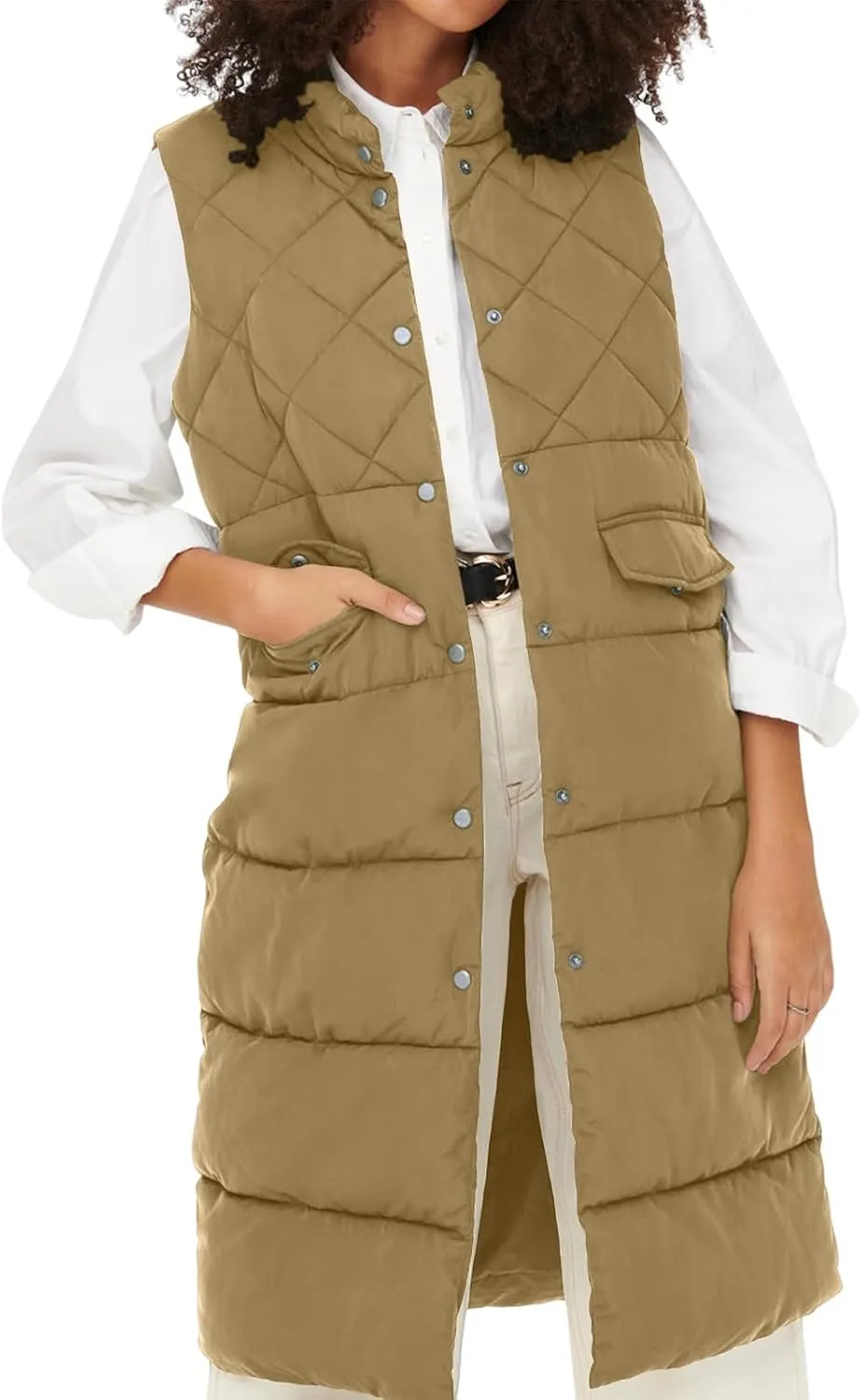Tankaneo Women's Long Puffer Vest Cotton Stand Collar Button Sleeveless Puffy Jacket Outerwear