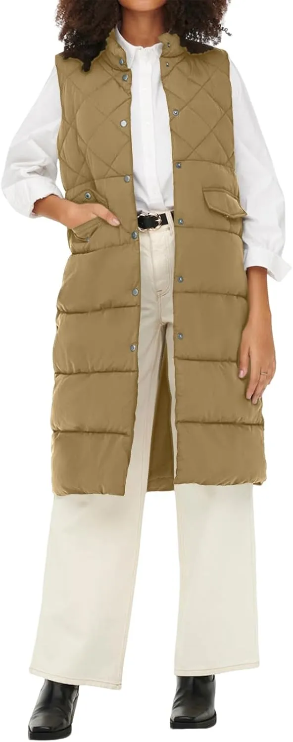 Tankaneo Women's Long Puffer Vest Cotton Stand Collar Button Sleeveless Puffy Jacket Outerwear