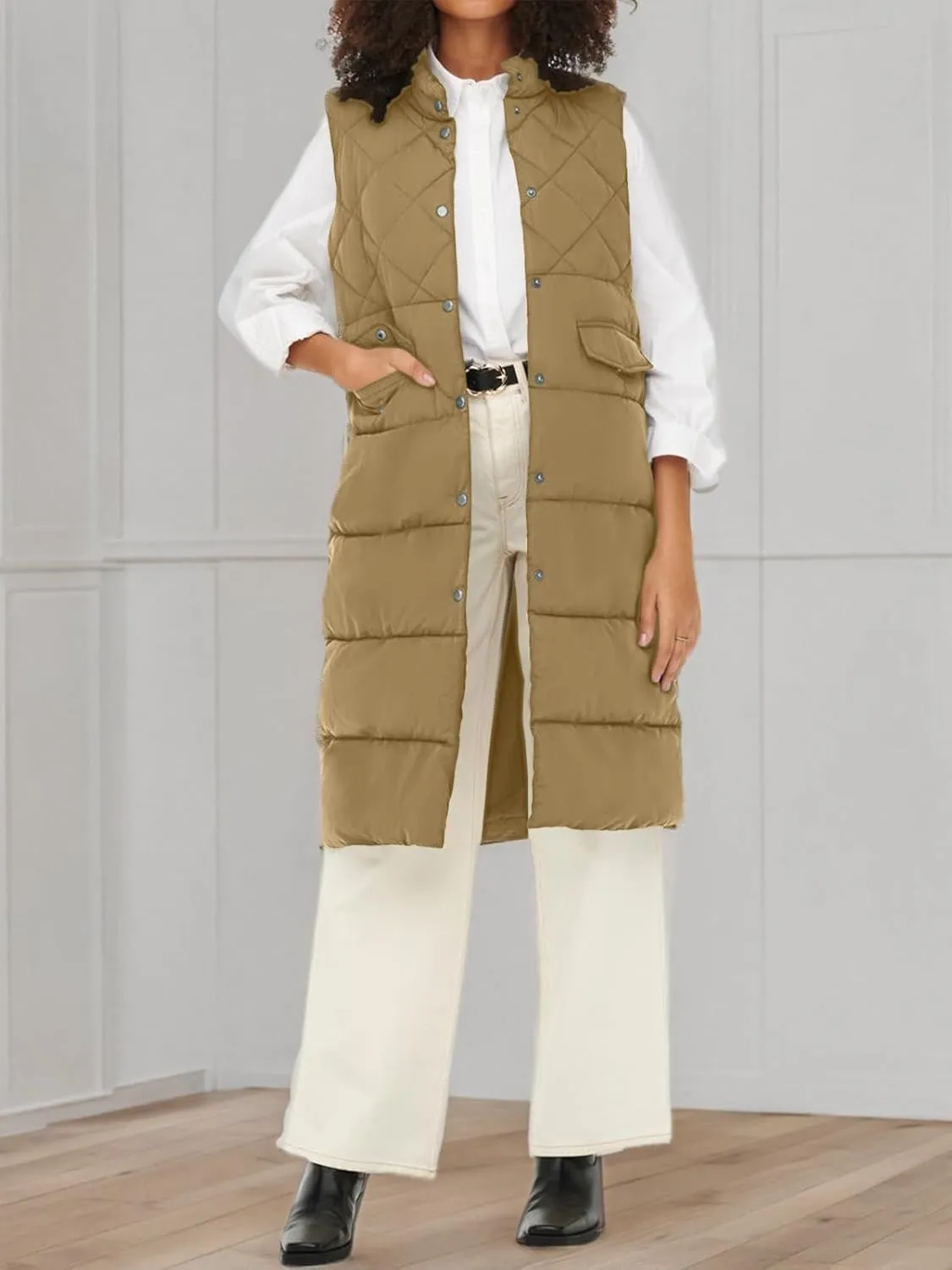 Tankaneo Women's Long Puffer Vest Cotton Stand Collar Button Sleeveless Puffy Jacket Outerwear