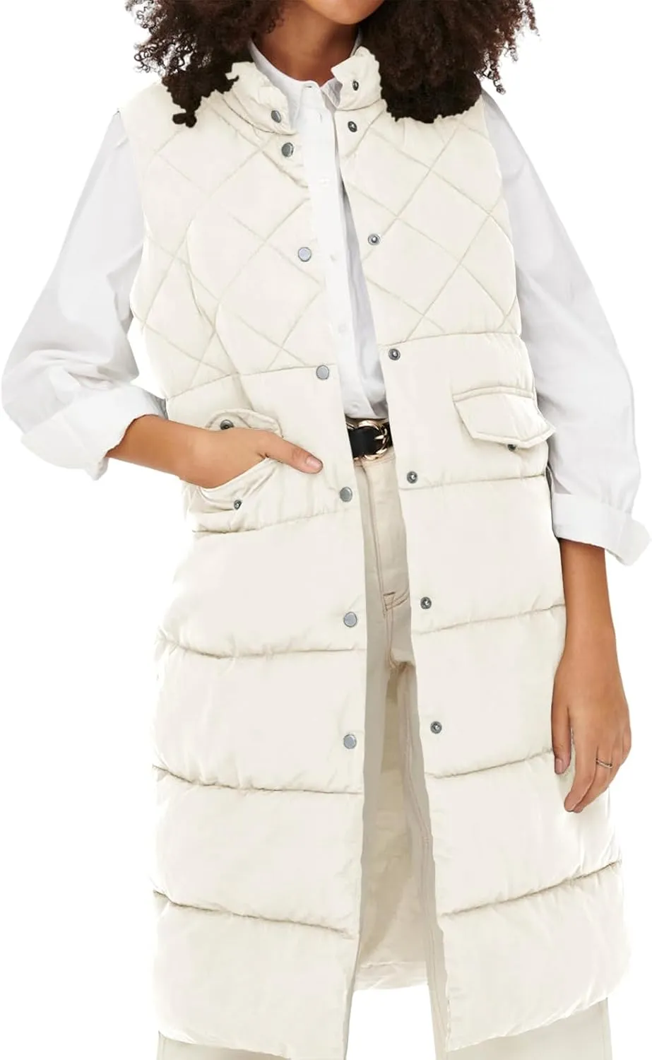 Tankaneo Women's Long Puffer Vest Cotton Stand Collar Button Sleeveless Puffy Jacket Outerwear