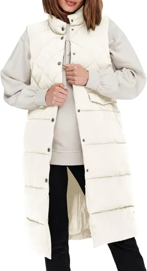 Tankaneo Women's Long Puffer Vest Cotton Stand Collar Button Sleeveless Puffy Jacket Outerwear