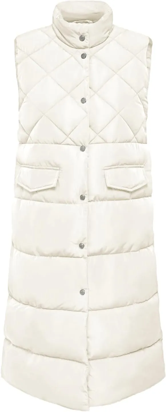 Tankaneo Women's Long Puffer Vest Cotton Stand Collar Button Sleeveless Puffy Jacket Outerwear