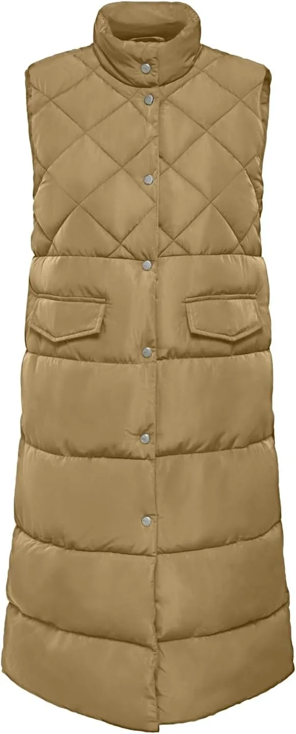 Tankaneo Women's Long Puffer Vest Cotton Stand Collar Button Sleeveless Puffy Jacket Outerwear