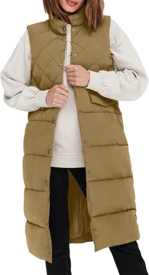 Tankaneo Women's Long Puffer Vest Cotton Stand Collar Button Sleeveless Puffy Jacket Outerwear