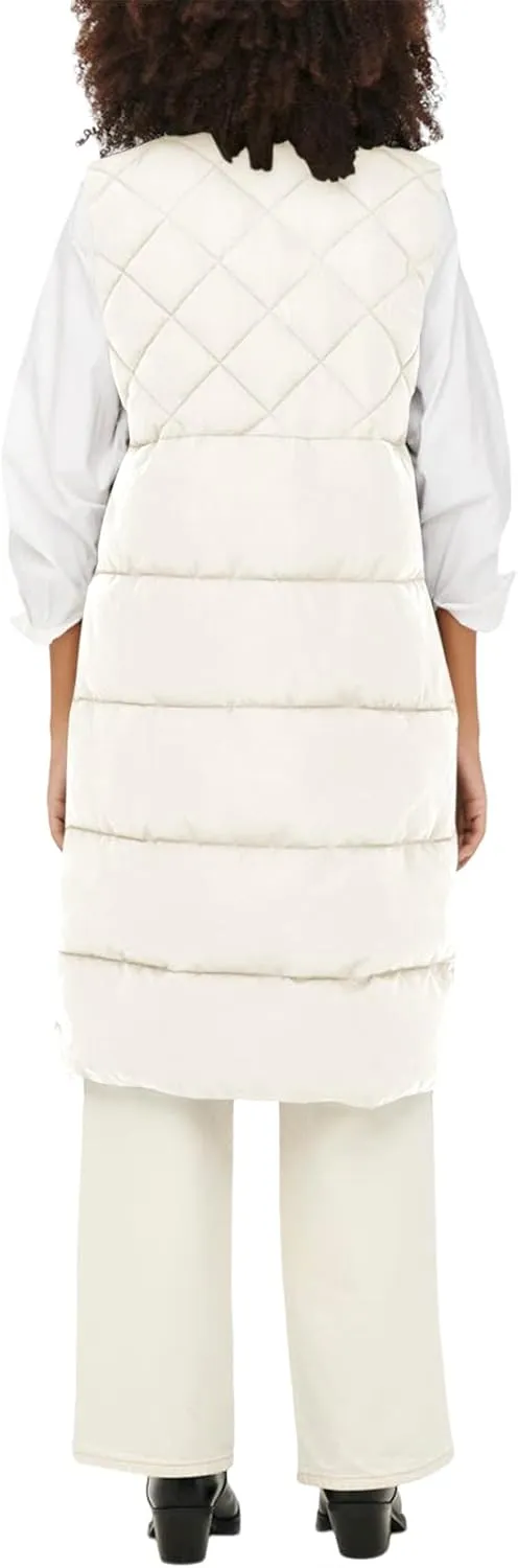 Tankaneo Women's Long Puffer Vest Cotton Stand Collar Button Sleeveless Puffy Jacket Outerwear