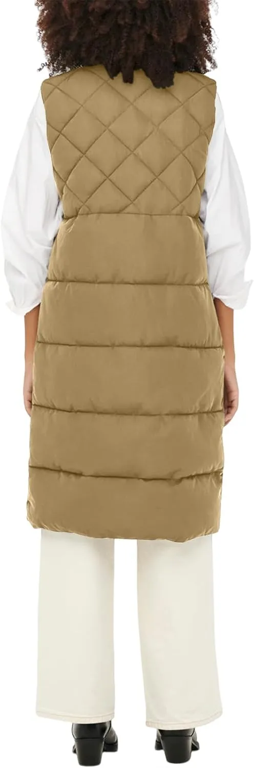 Tankaneo Women's Long Puffer Vest Cotton Stand Collar Button Sleeveless Puffy Jacket Outerwear