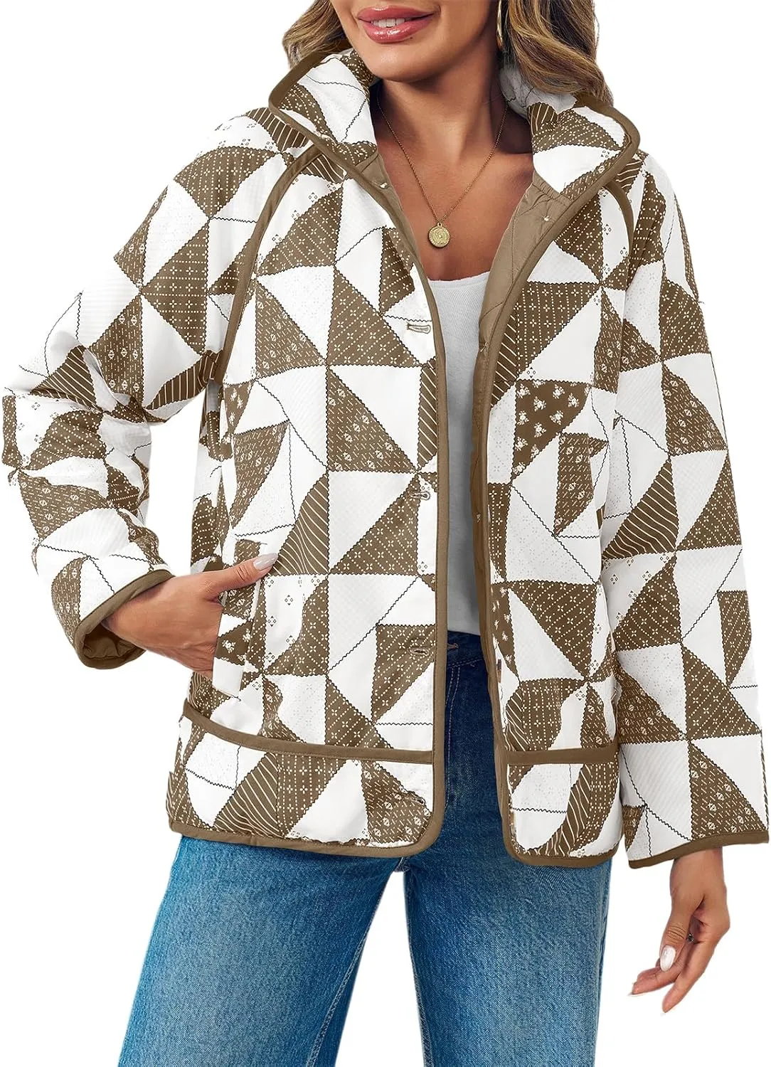 Tankaneo Womens Quilted Puffer Jacket Patchwork Lightweight Padded Puffy Down Coat Outerwear