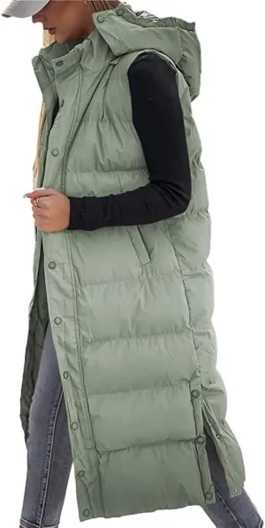 Tankaneo Women's Sleeveless Long Quilted Vest Hooded Button Down Puff Vest Cotton Padded Jacket Winter Outerwear