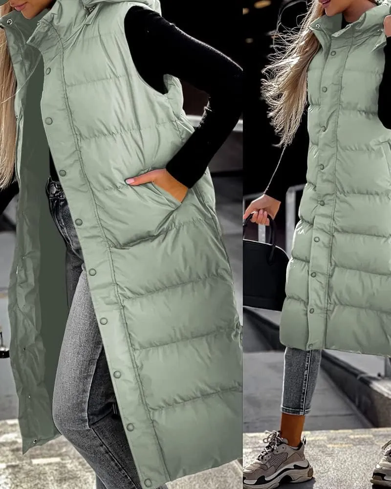 Tankaneo Women's Sleeveless Long Quilted Vest Hooded Button Down Puff Vest Cotton Padded Jacket Winter Outerwear