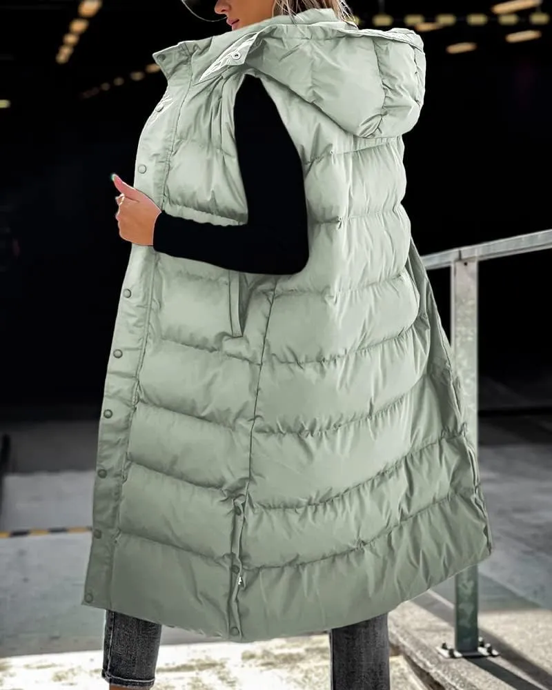 Tankaneo Women's Sleeveless Long Quilted Vest Hooded Button Down Puff Vest Cotton Padded Jacket Winter Outerwear
