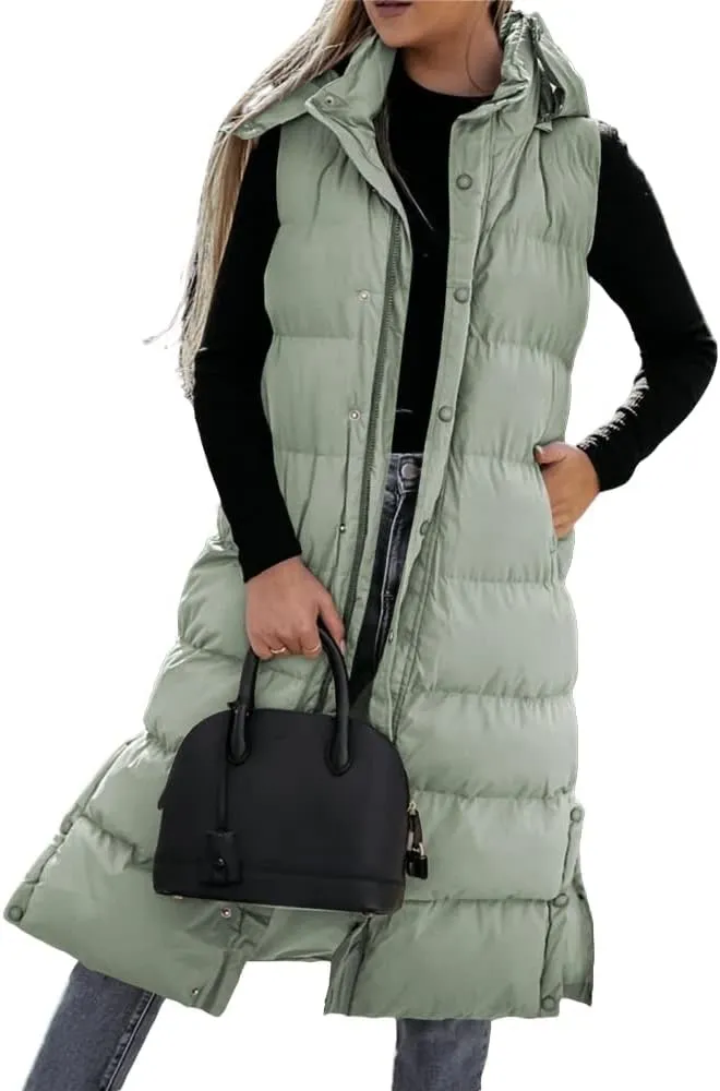 Tankaneo Women's Sleeveless Long Quilted Vest Hooded Button Down Puff Vest Cotton Padded Jacket Winter Outerwear