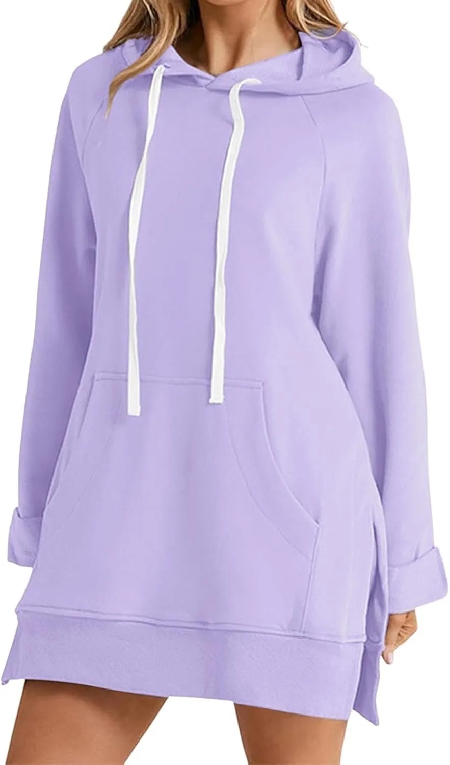 The Warmy Oversized Hoodie Dress for Womens Long Sleeve Split Hem Drawstring Midi Dress Pullover Hoodies with Pocket