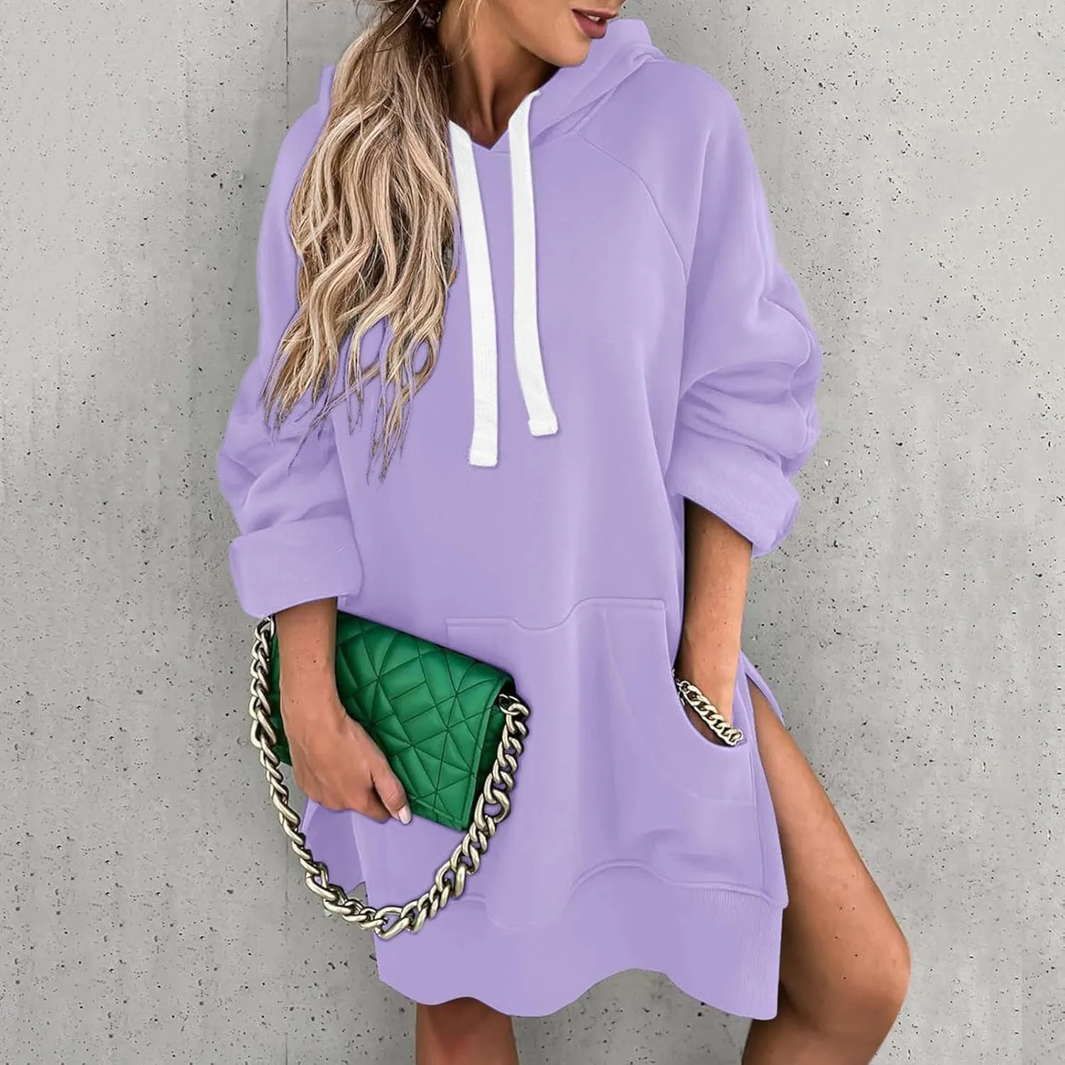 The Warmy Oversized Hoodie Dress for Womens Long Sleeve Split Hem Drawstring Midi Dress Pullover Hoodies with Pocket