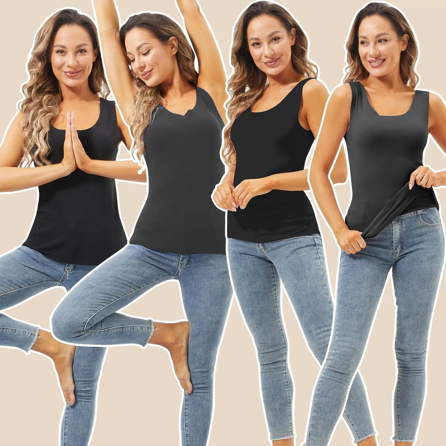 Toulite 4 Pcs Thermal Tank Tops Women Underwear Tops Sleeveless Undershirt for Women Cotton Camisole Warm Base Layer