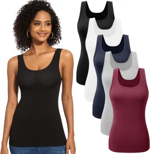 TVKSOM 5 Pack Basic Tank Tops for Women Undershirt Ribbed Sleeveless Casual Basic Tanks Top