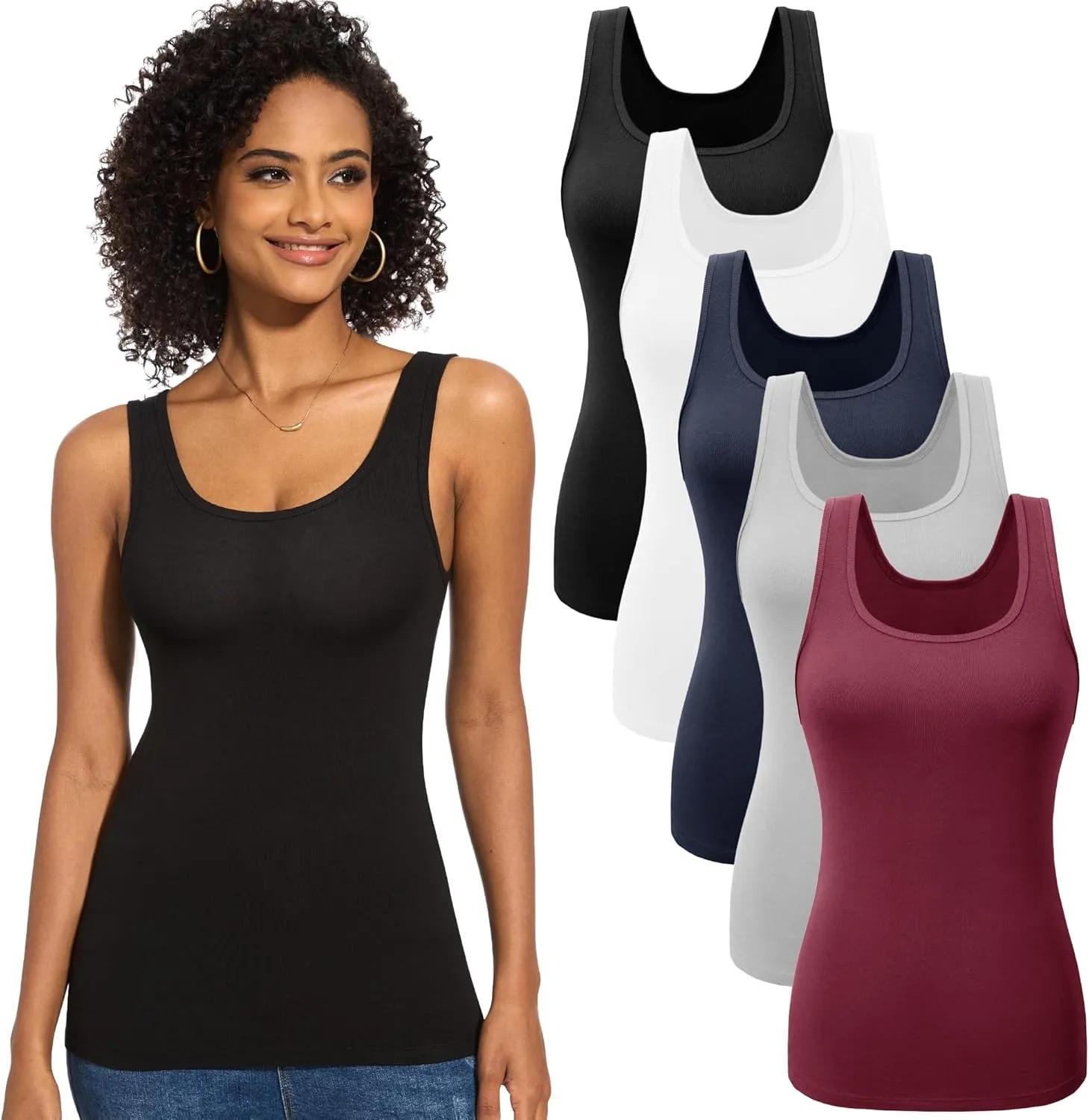TVKSOM 5 Pack Basic Tank Tops for Women Undershirt Ribbed Sleeveless Casual Basic Tanks Top