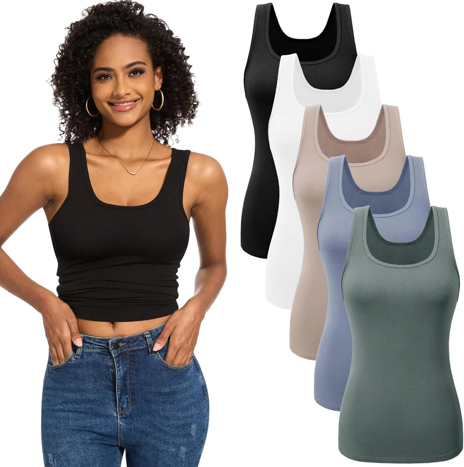 TVKSOM 5 Pack Basic Tank Tops for Women Undershirt Ribbed Sleeveless Casual Basic Tanks Top