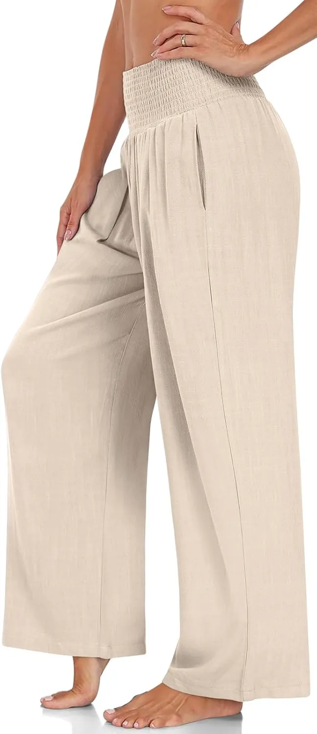 UEU Women's Linen Palazzo Pants Wide Leg High Waisted Lounge Casual Beach Pants with Pockets